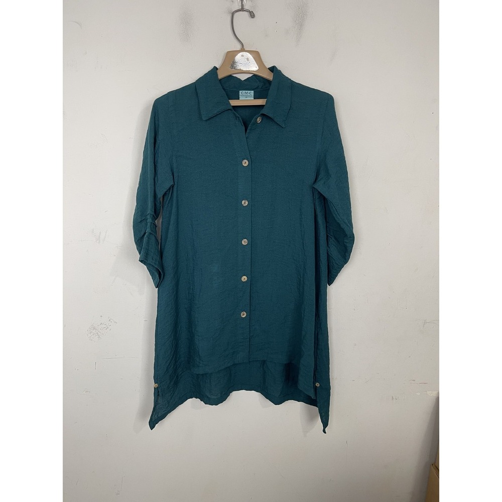 Womens CMC Teal Crinkle Button Front Long‎ Sleeve Blouse Top Made in USA Size S